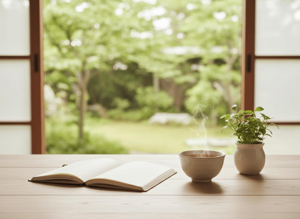 Mesa tranquila con cuaderno abierto, té y luz natural junto a una ventana.