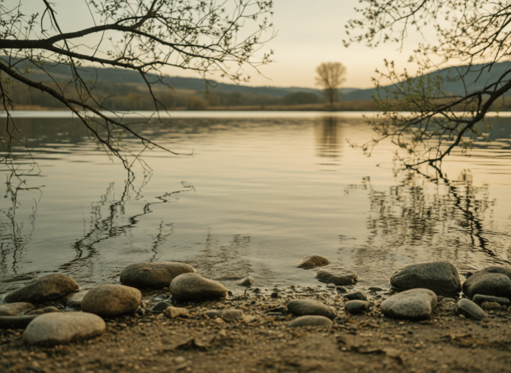 Lago sereno al atardecer con piedras lisas y reflejos suaves.