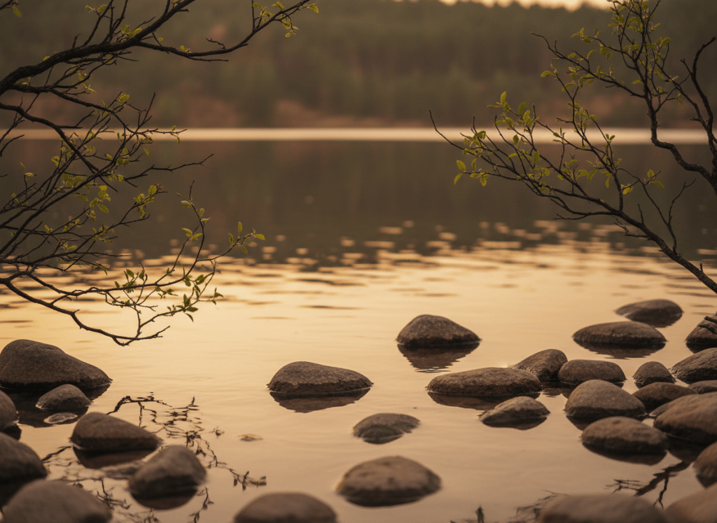 Lago sereno al atardecer con piedras y reflejos dorados.