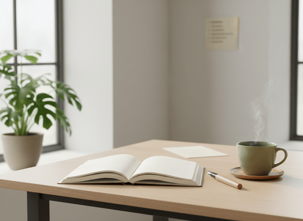 Mesa tranquila con libreta, té y luz natural para ordenar prioridades.