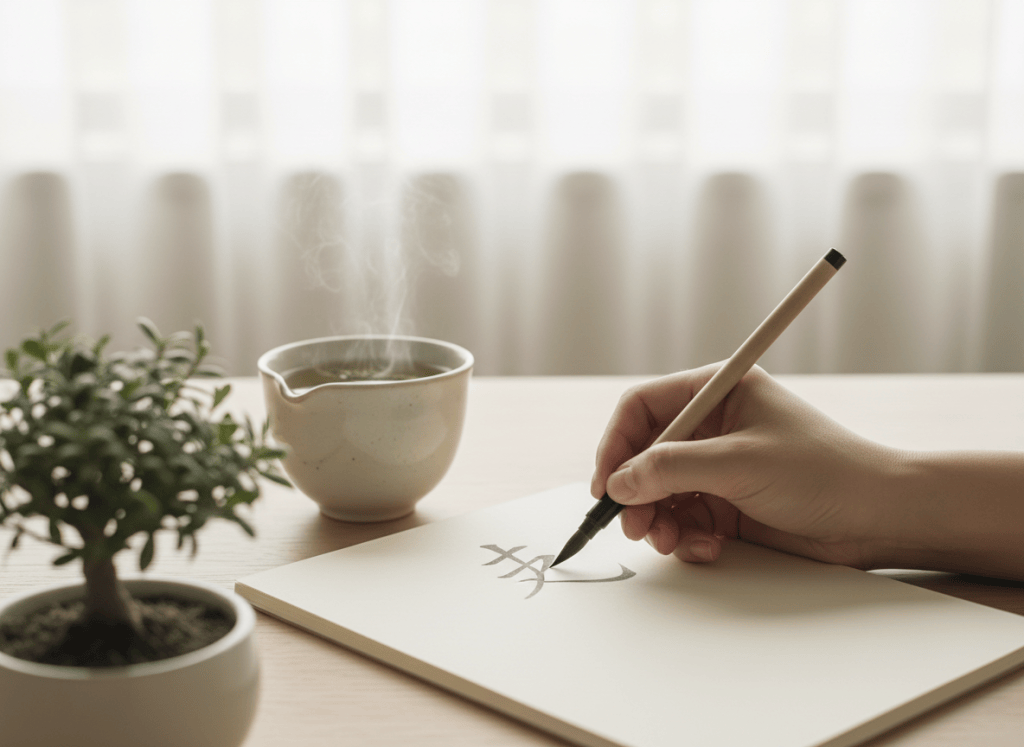 Mano escribiendo en un cuaderno junto a una taza y una planta pequeña.