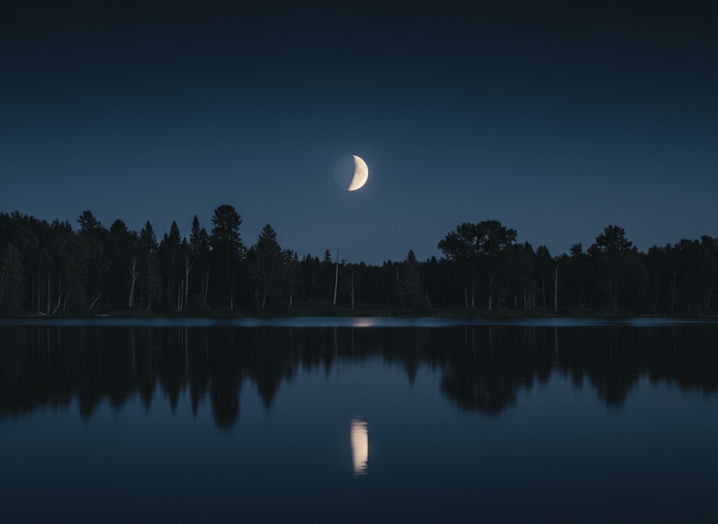 Lago tranquilo de noche con luna tenue y reflejos suaves.