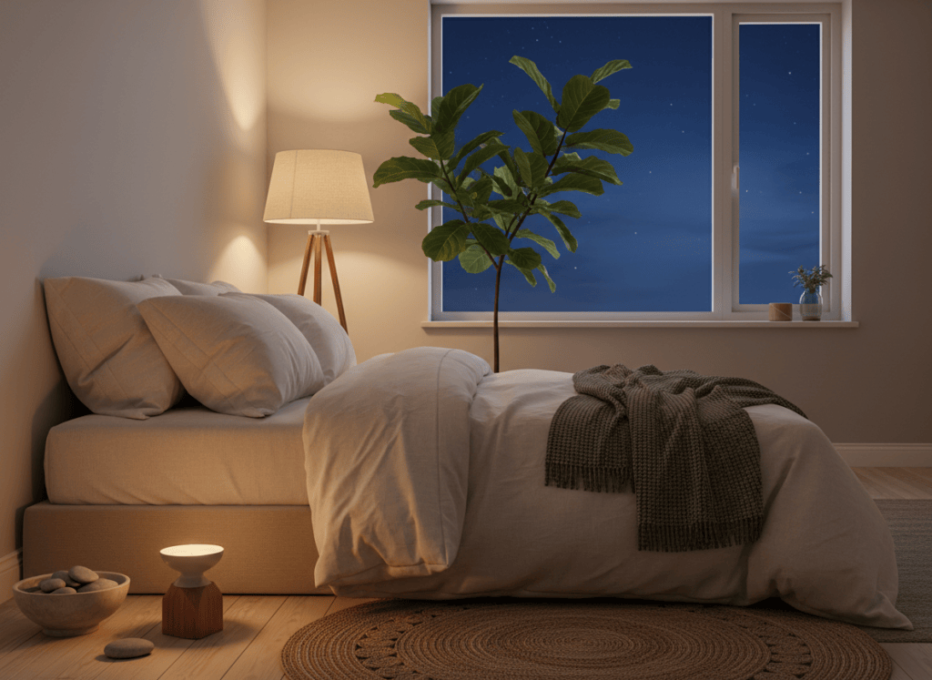 Dormitorio sereno al anochecer con luz cálida y ambiente tranquilo.