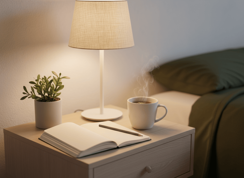 Mesilla de noche con libreta, infusión y luz cálida.