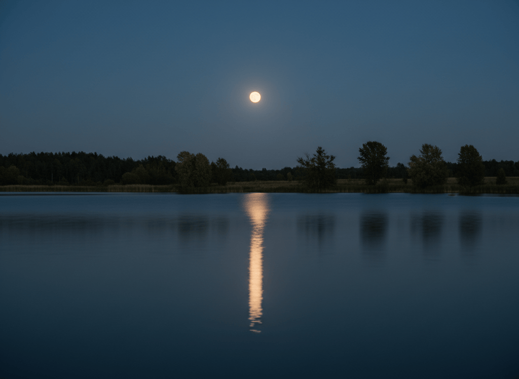 Lago sereno de noche bajo una luna suave con reflejos tranquilos.
