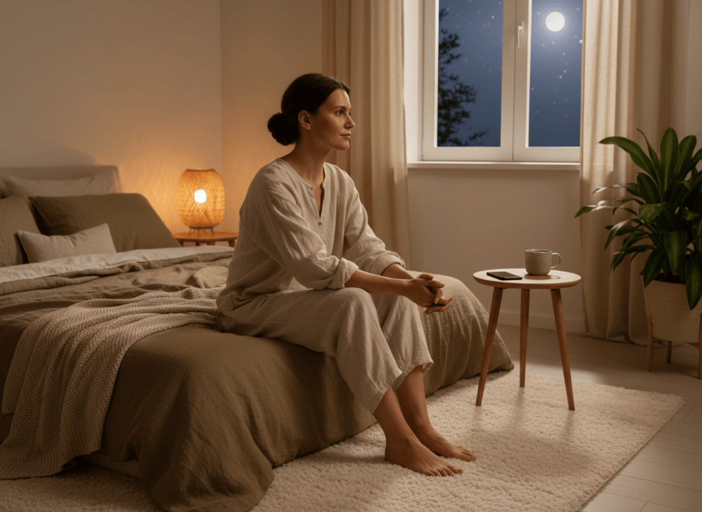 Persona sentada en una cama tranquila con luz tenue y el móvil apartado.