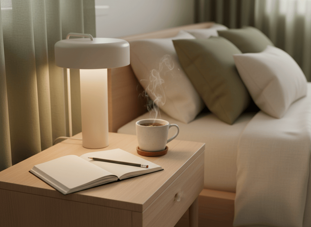 Cuaderno e infusión en una mesilla de noche con luz cálida.