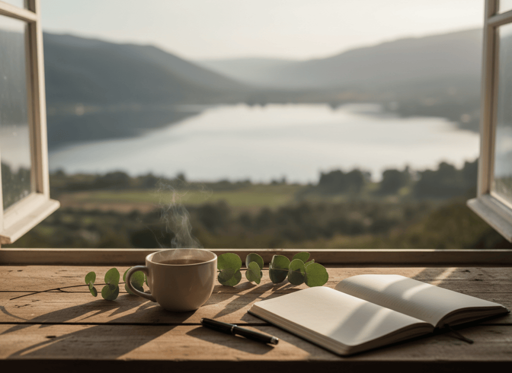 Mesa tranquila con taza de té, cuaderno abierto y paisaje desenfocado al fondo.